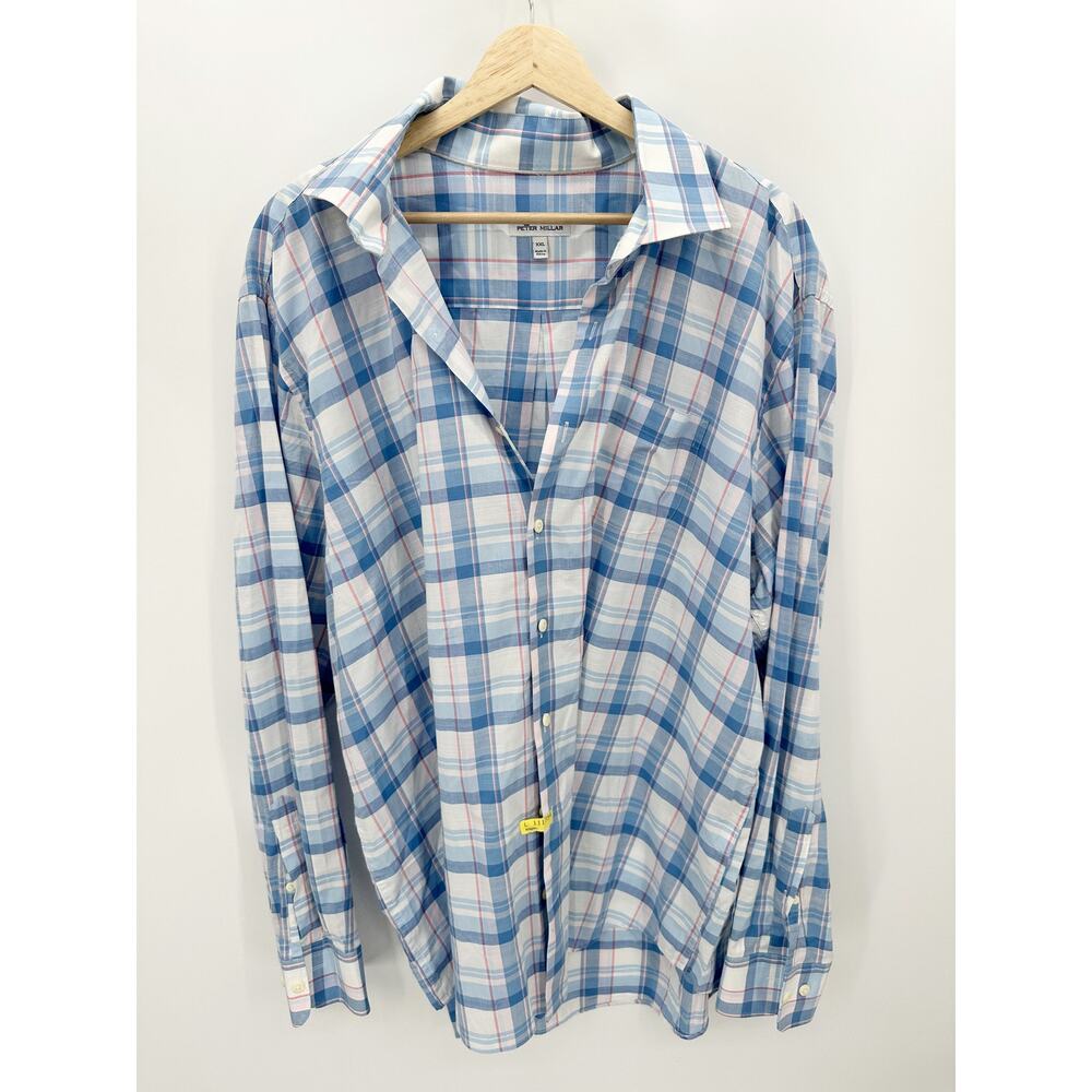 Peter Millar Shirt Men XXL Blue Red White Plaid Long Sleeve Collared Dress‎